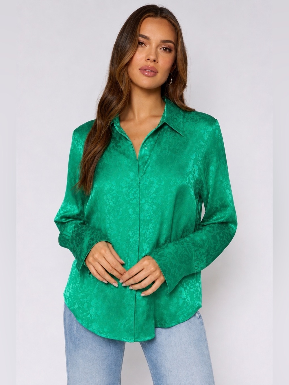 12th Tribe St Barths Emerald Green Floral Jacquard Satin Blouse Size S
